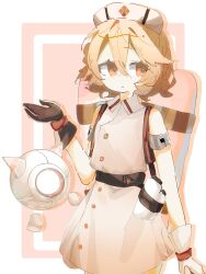  1girl bare_shoulders black_gloves blonde_hair braid buttons collared_dress double-parted_bangs dress gloves hair_between_eyes hand_up hat highres manri_h_ok nurse nurse_cap nurse_robot_type_t orange_eyes short_hair side_braids sleeveless sleeveless_dress solo tank_(container) two-tone_gloves utau white_dress white_gloves white_hat 