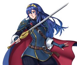  1girl absurdres belt black_pants blue_cape blue_dress blue_gloves blue_hair brown_belt cape commission dress english_commentary falchion_(fire_emblem) fingerless_gloves fire_emblem fire_emblem_awakening flat_chest floating_hair frown gloves highres holding holding_sword holding_weapon long_hair looking_to_the_side lucina_(fire_emblem) pants pink_lips red_cape simple_background solo sword transparent_background two-tone_cape vedtom weapon 