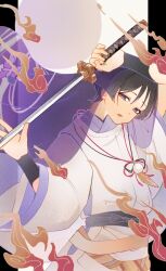  1boy arm_up armor belt black_belt black_border black_bow black_hair blank_eyes blunt_ends border bow eyeliner eyeshadow feathers floral_print genshin_impact gradient_background grey_eyes hand_up head_tilt highres holding holding_sword holding_weapon japanese_armor japanese_clothes kariginu katana kimono kingyo_(user_xyuc7787) kote kurokote layered_clothes layered_kimono layered_sleeves long_sleeves looking_at_viewer makeup male_focus open_hand open_mouth pom_pom_(clothes) purple_kimono purple_sleeves purple_trim purple_veil red_eyeliner red_eyeshadow scaramouche_(genshin_impact) scaramouche_(kabukimono)_(genshin_impact) see-through see-through_veil smoke solo string sword tunic veil weapon white_background white_kimono white_sleeves wide_sleeves yellow_feathers 