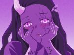  1girl asymmetrical_horns black_hair commentary_request cracked_skin crazy_eyes demon_girl dreamoon-q glowing glowing_eyes hands_on_own_cheeks hands_on_own_face horns kamado_nezuko kimetsu_no_yaiba looking_at_viewer purple_background single_horn slit_pupils solo upper_body violet_eyes yandere yandere_trance 