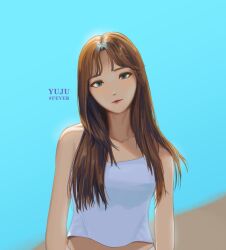  1girl adirosa artist_name_(singer) blue_eyes blue_sky brown_hair closed_mouth commentary english_commentary gfriend k-pop long_hair looking_at_viewer real_life red_lips shirt sky solo song_name upper_body yuju_(gfriend) 