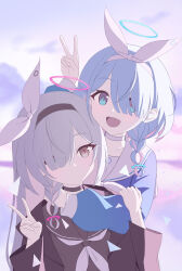  2girls absurdres arona_(blue_archive) black_choker black_coat black_eyes black_hairband black_sailor_collar blue_archive blue_eyes blue_hair blue_halo bow_hairband braid choker coat colored_inner_hair hair_over_one_eye hairband halo heart heart_halo highres hiko0303 long_hair looking_at_viewer multicolored_hair multiple_girls neckerchief open_mouth pink_hair pink_halo plana_(blue_archive) red_halo red_pupils ribbon sailor_collar school_uniform short_hair single_braid smile white_choker white_hair white_hairband white_neckerchief white_ribbon white_sailor_collar 