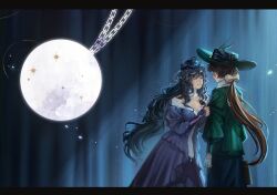  2girls bag black_hair black_hat black_skirt bow brown_bag brown_hair chain clenched_teeth clothes_grab cowboy_shot crying crying_with_eyes_open curtains dress eyewear_strap face-to-face feathers flower from_behind furrowed_brow glasses gloves gown green_feathers green_hat green_jacket hair_bow hat hat_feather hat_flower highres holding holding_bag isolde_(reverse:1999) jacket juliet_sleeves kakania_(reverse:1999) light_particles long_hair long_sleeves looking_at_another low_ponytail multiple_girls mummeemeemama pocket_watch profile puffy_sleeves purple_dress reverse:1999 see-through see-through_veil sidelighting skirt sleeve_grab sparkle streaming_tears sun_hat tears teeth veil very_long_hair watch white_gloves yellow_bow yellow_flower 