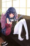  1girl bangs black_footwear black_skirt blunt_bangs blunt_ends blush book controller couch cushion dark_blue_hair eluthel game_controller highres holding holding_book holding_controller holding_game_controller idolmaster idolmaster_cinderella_girls leaning_back lens_flare long_hair looking_at_viewer mary_janes nintendo_switch on_couch pantyhose red_eyes sajo_yukimi shirt shoes shoes_removed sitting skirt sleeveless sleeveless_shirt smile solo sunlight two_side_up white_legwear window 