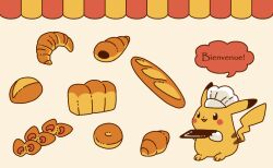  baguette black_eyes bread bright_pupils chef_hat chocolate_cornet croissant doughnut food french_text full_body hat holding holding_tray loaf_of_bread no_humans open_mouth oven_mitts pikachu pokemon pokemon_(creature) satsumapotato speech_bubble tray white_hat white_pupils 