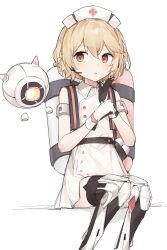  1girl :o black_gloves blonde_hair braid buttons collared_dress double-parted_bangs dress gloves hair_between_eyes hat headset highres mechanical_legs nurse nurse_cap nurse_robot_type_t open_mouth orange_eyes short_hair simple_background sitting sleeveless sleeveless_dress solo subaritsuku tank_(container) two-tone_gloves utau white_background white_dress white_gloves white_hat 