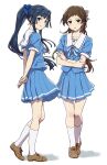  2girls arms_behind_back ayano_yuu_(sonma_1426) bangs blue_bow blue_eyes blue_hair blue_ribbon blue_shirt blue_skirt bow brown_footwear brown_hair buttons check_commentary commentary_request crossed_arms dot_nose eyebrows_visible_through_hair full_body hair_bow highres idolmaster idolmaster_million_live! idolmaster_million_live!_theater_days kitazawa_shiho kneehighs legs light_blush looking_at_viewer looking_back mogami_shizuka multiple_girls own_hands_together parted_lips pleated_skirt ponytail ribbon sailor_collar school_uniform shirt shoes short_sleeves skirt smile standing thighs white_background white_bow white_legwear white_sailor_collar yellow_eyes 