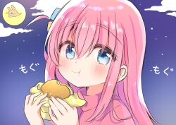  1girl ahoge blue_eyes blush bocchi_the_rock! burger closed_mouth clouds cube_hair_ornament detached_ahoge eating food food_in_mouth food_on_face full_moon gotoh_hitori hair_between_eyes hair_ornament highres holding holding_burger holding_food jacket long_hair looking_at_viewer moon nanami_ayane_(kusunoki5050) night night_sky outdoors pink_hair pink_jacket pink_track_suit side_ahoge sky solo star_(sky) starry_sky track_jacket upper_body 