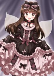  1girl :d alternate_costume black_bow black_choker black_dress blush bow bow_choker brown_bow brown_eyes brown_hair choker commentary_request cowboy_shot dress dress_bow eyes_visible_through_hair frilled_bow frilled_choker frilled_dress frills gothic_lolita grey_wings hair_bow highres lolita_fashion long_dress long_hair long_sleeves looking_at_viewer open_mouth petticoat ribbon-trimmed_dress ruu_(tksymkw) skirt_hold smile solo standing star_sapphire touhou wings 