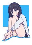 ass_visible_through_thighs bangs bare_legs black_hair black_skirt blue_background blue_eyes closed_mouth crossed_legs eyebrows_visible_through_hair feet_together full_body gridman_universe hatsukoizoe head_rest head_tilt highres holding_legs knees_to_chest knees_up legs_together long_hair long_sleeves looking_at_viewer neck_ribbon own_hands_together panties pleated_shirt pleated_skirt red_ribbon ribbon school_uniform shiny shiny_hair shirt simple_background sitting skirt ssss.gridman sweater sweater_vest takarada_rikka thighs toes two-tone_background underwear very_long_hair white_background white_panties white_shirt 