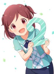  1girl aoba_misaki blue_bow blue_bowtie blue_skirt blush bow bowtie breasts brown_eyes brown_hair buchi_(y0u0ri_) confetti cowboy_shot cross_tie dot_nose green_shirt highres holding idolmaster idolmaster_million_live! idolmaster_million_live!_theater_days looking_at_viewer open_mouth pencil_skirt shirt short_hair short_sleeves simple_background skirt small_breasts smile solo standing two_side_up white_background 