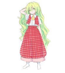  1girl ascot baggy_pants breasts brown_footwear full_body green_eyes green_hair kazami_yuuka long_hair looking_at_viewer pants plaid_clothes plaid_pants plaid_vest s-a-murai shirt short_sleeves simple_background smile socks solo suspenders touhou touhou_(pc-98) vest white_background white_shirt white_socks yellow_ascot 