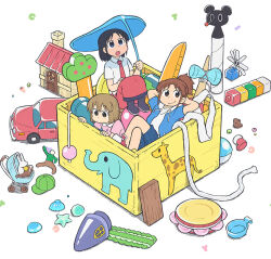  3girls ayumu_niikura black_hair blue_eyes blue_jacket brown_eyes brown_hair car city_(arawi_keiichi) denim denim_shorts instrument izumi_wako jacket key_visual long_skirt looking_at_viewer looking_up medium_hair motor_vehicle multiple_girls nagumo_midori official_art pink_shirt ponytail promotional_art rope shirt short_hair short_sleeves shorts skirt tambourine toy white_background white_shirt wooden_box 