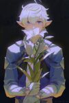  1boy ahoge alphinaud_leveilleur bangs black_background blue_coat blue_eyes coat covered_mouth earclip earrings elbow_gloves elezen elf final_fantasy final_fantasy_xiv flower gloves highres holding holding_flower jewelry komoshita lily_(flower) looking_at_viewer male_focus pointy_ears short_hair simple_background single_earring solo upper_body white_gloves white_hair 