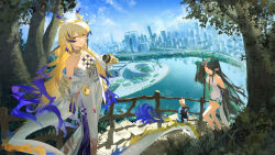  2girls 9_vcat arknights arm_up bare_shoulders black_footwear black_hair blonde_hair blue_hair blue_sky boots closed_mouth colored_skin colored_tips dark_blue_hair dragon_girl dragon_horns dragon_tail dress dusk_(arknights) earrings floating_hair green_skin grey_hair hand_on_own_hip highres holding horns jacket jewelry long_hair looking_at_viewer multicolored_hair multiple_girls open_clothes open_jacket open_mouth outdoors pointy_ears red_eyes red_pupils shu_(arknights) siblings sisters sky smile stairs standing tail white_dress white_jacket yellow_skin 