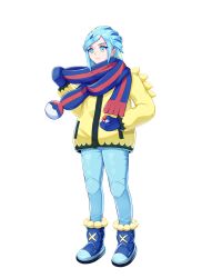  1boy absurdres blue_eyes blue_footwear blue_hair blue_mittens blue_pants blue_scarf boots closed_mouth commentary_request expressionless eyelashes full_body grusha_(pokemon) highres holding holding_poke_ball jacket long_sleeves male_focus mittens pants poke_ball poke_ball_(basic) pokemon pokemon_sv purume_touru scarf simple_background solo striped_clothes striped_scarf white_background yellow_jacket 