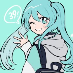  1girl alternate_costume aqua_eyes aqua_hair blue_eyes blue_hair casual hair_between_eyes hatsune_miku kisaragi_yuu_(fallen_sky) long_hair long_sleeves one_eye_closed simple_background smile solo sweater twintails upper_body very_long_hair vocaloid 