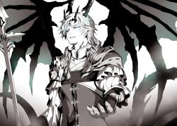  1boy armor black_sclera blue_eyes chest_belt clawed_gauntlets colored_sclera commentary_request dion_lesage dragon_boy dragon_horns dragon_tail dragon_wings ear_piercing earrings final_fantasy final_fantasy_xvi frilled_sleeves frills gauntlets horns jewelry male_focus megubiru outstretched_arm parted_lips pauldrons piercing polearm shoulder_armor single_pauldron solo spear spot_color tail teeth upper_body weapon wings 