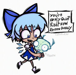  1boy 1girl alien blue_eyes blue_hair bow cartoonized cirno crossover dress english_text full_body gir_(invader_zim) hair_bow hat holding invader_zim jhonen_vasquez_(style) linterteatime long_sleeves parody ribbon short_hair short_sleeves simple_background smile square_eyes toon_(style) touhou wings 