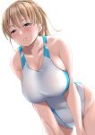  1girl :d blue_eyes blush breasts brown_hair competition_swimsuit highres intrepid_(kancolle) kantai_collection large_breasts leaning_forward light_brown_hair looking_at_viewer multicolored_clothes multicolored_swimsuit one-piece_swimsuit ponytail simple_background smile swimsuit takomeshi white_swimsuit 