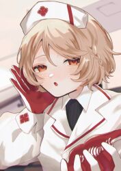  1girl :o absurdres blonde_hair braid candy coat food gloves hakuhan hand_up hat highres holding holding_candy holding_food long_sleeves nurse nurse_cap nurse_robot_type_t open_mouth orange_eyes puffy_long_sleeves puffy_sleeves red_gloves short_hair solo two-tone_gloves utau white_coat white_gloves white_hat 