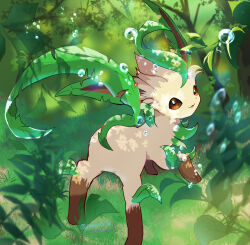  absurdres brown_eyes grass highres leaf leafeon looking_back no_humans open_mouth pokemon pokemon_(creature) smile solo standing water yutano_(yutano_tantan) 