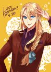  1boy :p akai_higasa alternate_costume blonde_hair blue_eyes blue_ribbon braid brown_shirt collared_shirt floral_background hair_between_eyes hair_over_shoulder hair_ribbon hand_up happy_birthday highres jacket licht_von_granzreich long_hair looking_at_viewer male_focus open_collar oushitsu_kyoushi_heine red_jacket red_vest ribbon rose_background shirt single_braid solo starry_background tongue tongue_out upper_body v vest yellow_background 