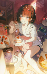  1girl bare_legs barefoot blush bow bow_panties breasts brown_hair cake cake_slice can christmas christmas_lights collarbone controller cup feet_out_of_frame food fork gradient_eyes grin hand_up highres holding holding_food holding_fork indoors looking_at_viewer medium_breasts multicolored_eyes on_floor original panties plate remote_control shirt short_hair short_shorts short_sleeves shorts sitting smile solo striped_clothes striped_panties stuffed_animal stuffed_pig stuffed_toy sunlight t-shirt table tokkyu underwear unworn_panties violet_eyes white_shirt 