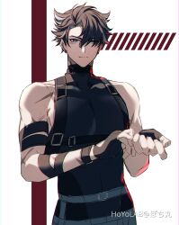  1boy bandaged_arm bandaged_neck bandages bare_shoulders black_gloves black_hair black_shirt blue_eyes closed_mouth commentary_request compression_shirt covered_collarbone ear_piercing earrings fingerless_gloves frown genshin_impact gloves grey_hair hair_between_eyes hands_up highres jewelry looking_at_viewer male_focus multicolored_hair multiple_scars parted_bangs pectorals piercing pochimaru_(marumaru_wanwan) scar scar_on_arm scar_on_cheek scar_on_face scar_on_neck shirt short_hair simple_background sleeveless sleeveless_shirt solo streaked_hair stud_earrings upper_body v-shaped_eyebrows white_background wriothesley_(genshin_impact) 