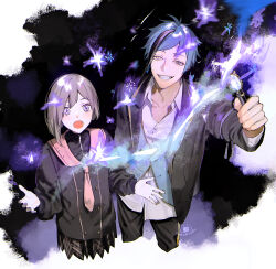  1boy 1girl bentouoic blue_hair brown_hair commentary_request cowboy_shot floyd_leech grin heterochromia highres holding holding_wand jade_leech looking_at_viewer magic night night_raven_college_uniform outdoors school_uniform sharp_teeth short_hair skirt smile teeth twisted_wonderland violet_eyes wand yellow_eyes 