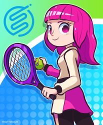  1girl artist_name ball closed_mouth highres hime_cut long_hair long_sleeves looking_at_viewer nintendo_switch_sports open_mouth pink_eyes pink_hair polka_dot polka_dot_background racket simple_background smile sportsmate_(nintendo) tennis tennis_ball tennis_racket vinny_(dingitydingus) 