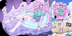  1girl alriune bare_legs black_sclera blue_eyes blue_skirt closed_mouth colored_sclera colored_skin cracked_skin extra_arms flamingo_innertube flower force_(4sk_force) full_body hat innertube lobotomy_corporation long_hair looking_at_viewer multiple_views personification pink_flower pink_hair pink_hat pink_skin project_moon skirt smile swim_ring 
