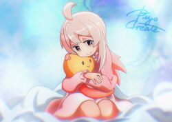  1girl abstract_background ahoge artist_name blanket blush brown_eyes closed_mouth dress highres holding hugging_object long_hair long_sleeves looking_at_viewer onii-chan_wa_oshimai! oyama_mahiro pink_dress pink_hair piyocreate seiza signature sitting smile solo stuffed_animal stuffed_toy wariza 