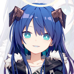  1girl aqua_eyes arknights blue_hair blue_tongue chibi chibi_only chinese_commentary collarbone colored_tongue commentary_request fur_trim halo horns jacket long_hair looking_at_viewer mostima_(arknights) parted_lips photoshop_(medium) portrait quan_(kurisu_tina) smile solo traditional_halo zoom_layer 