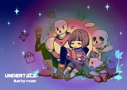 1other 2018 2boys 2d ambiguous_gender animal_on_lap annoying_dog artist_name blue_jacket book boots brothers brown_hair brown_shoes child clenched_hand copyright_name digital_media dog dog_on_lap flower frisk_(undertale) gloves gradient_background hair holding holding_book human humanoid ice_cap indian_style jacket male moldsmal monster monster_boy mozer napstablook papyrus_(undertale) pink_shoes red_boots red_gloves sans_(undertale) shoes short_hair siblings simple_background sitting skeleton sparkle spoken_ellipsis teeth trio undead undertale utdr_(toby_fox) whimsun