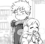  1boy 1girl bleach can closed_eyes coat earmuffs food greyscale holding holding_can holding_food inoue_orihime kurosaki_ichigo long_hair long_sleeves looking_at_another monochrome muraosa_(conjecture) open_mouth scarf short_hair spiky_hair teeth upper_body upper_teeth 