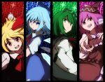  4girls animal_ears antenna_hair bangs bird_ears blonde_hair blue_background blue_bow blue_dress blue_eyes blue_hair bow brown_dress brown_headwear cirno closed_mouth column_lineup dress eyebrows_visible_through_hair fingernails green_background green_eyes green_hair hair_bow hair_ribbon highres ice ice_wings juliet_sleeves long_fingernails long_sleeves looking_at_viewer multiple_girls mystia_lorelei open_mouth pink_background pink_hair pink_nails puffy_sleeves red_background red_eyes red_ribbon ribbon rumia s_mika2000 short_sleeves team_9 touhou upper_body winged_hat wings wriggle_nightbug 