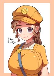  1girl between_breasts braid braided_ponytail breasts brown_eyes brown_hair collared_shirt commentary eyebrows eyelashes hashtag-only_commentary hat highres huge_breasts mugicha_(zoro1132) my_time_at_portia nora_(my_time_at_portia) orange_hat shirt smile solo strap_between_breasts upper_body 