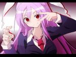  animal_ears bangs black_jacket blazer breasts closed_mouth collarbone collared_shirt commentary_request fingernails happy head_tilt highres jacket long_hair long_sleeves looking_at_viewer medium_breasts moon_rabbit necktie purple_hair rabbit_ears rabbit_girl red_eyes red_necktie reisen_udongein_inaba s_mika2000 shirt smile touhou v very_long_hair white_shirt 