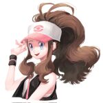  1girl black_jacket blue_eyes bracelet brown_hair erongerong hand_on_own_head hat highres jacket jewelry long_hair looking_at_viewer open_mouth pokemon pokemon_(game) pokemon_bw ponytail shirt simple_background smile solo upper_body white_background white_shirt 