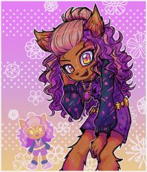  1girl animal_ears brown_hair clawdeen_wolf colored_skin dark-skinned_female dark_skin dress earrings jewelry linterteatime long_hair looking_at_viewer monster_girl monster_high monster_high_(g3) multicolored_hair necklace pink_eyes pink_hair purple_hair solo twintails wolf_ears yellow_eyes 