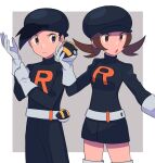  1boy 1girl :o belt black_headwear black_jacket black_pants boots border brown_eyes brown_hair closed_mouth commentary ethan_(pokemon) frown gloves grey_background grey_eyes hand_up hat highres holding holding_poke_ball jacket logo long_hair lyra_(pokemon) pants poke_ball pokemon pokemon_(game) pokemon_hgss team_rocket team_rocket_uniform thigh-highs thigh_boots twintails tyako_089 ultra_ball white_belt white_border white_footwear white_gloves 