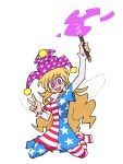  1girl :d american_flag_dress american_flag_legwear bangs blonde_hair blush_stickers clownpiece commentary eddybird55555 eyebrows_visible_through_hair fairy fairy_wings frilled_shirt_collar frills full_body hat highres holding holding_torch jester_cap long_hair looking_at_viewer neck_ruff no_shoes open_mouth pantyhose polka_dot ringed_eyes romaji_commentary simple_background smile solo torch touhou v vanripper_(style) very_long_hair violet_eyes white_background wings 