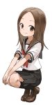  1girl absurdres black_sailor_collar black_skirt brown_eyes brown_footwear brown_hair closed_mouth commentary_request forehead full_body highres karakai_jouzu_no_takagi-san loafers long_hair looking_at_viewer neckerchief pleated_skirt red_neckerchief sailor_collar school_uniform serafuku shirt shoes short_sleeves simple_background skirt smile socks solo squatting takagi-san white_background white_shirt yamamoto_souichirou 