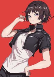  1girl black_jacket black_pants blunt_bangs braid brown_hair closed_mouth collarbone cropped_jacket crown_braid hand_on_own_hip hand_up highres jacket jewelry light_blush looking_at_viewer necklace niijima_makoto official_alternate_costume open_clothes open_jacket pants persona persona_5 red_background red_eyes s-m-53413 shirt short_hair short_sleeves smile solo upper_body white_shirt 