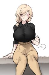  1girl absurdres black_shirt blonde_hair breasts brown_pants closed_eyes collared_shirt eyebrows eyelashes hair_ornament hair_over_shoulder hairclip hand_on_bench high-waist_pants highres huge_breasts k0ng lap_pillow_invitation long_hair long_sleeves looking_at_viewer merc-san_(k0ng) on_bench original pants puff_of_air shirt sidelocks simple_background sitting smile solo swept_bangs white_background 