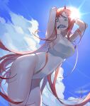 1girl absurdres arms_behind_head blue_sky breasts clouds commentary_request competition_swimsuit covered_navel cowboy_shot darling_in_the_franxx fish green_eyes highres horns lumi_(741632261) medium_breasts mouth_hold one-piece_swimsuit oni_horns pink_hair red_horns sky solo sun swimsuit zero_two_(darling_in_the_franxx) 