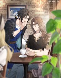  apron black_hair blue_eyes bracelet brown_hair coffee_mug crossed_legs cup glasses granblue_fantasy highres jacket jewelry kingyo_114 lancelot_(granblue_fantasy) leather leather_jacket long_hair mug picture_frame shirt short_ponytail siegfried_(granblue_fantasy) sitting t-shirt whispering yellow_eyes 