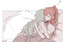  2girls bang_dream! closed_eyes closed_mouth commentary_request cuddling earrings green_hair hands_on_another&#039;s_back heart hikawa_sayo imai_lisa jewelry long_hair multiple_girls orange_hair rourinell shirt short_sleeves sleeping sleeping_on_person smile twitter_username white_shirt yuri zzz 