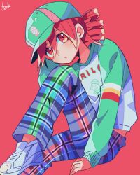  :o alternate_costume aqua_hat aqua_pants aqua_shirt aqua_sleeves baseball_cap double-parted_bangs drill_hair earrings foot_out_of_frame hair_between_eyes hat jewelry kasane_teto long_sleeves looking_at_viewer pants red_background shirt shoes side_drill signature sitting sneakers striped_clothes striped_pants utau white_footwear yuusuke-kun 